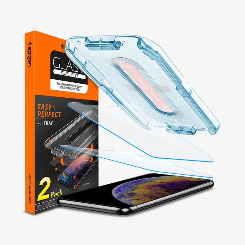 063GL25164 - iPhone X Series GLAS.tR EZ Fit (Sensor Protection) Screen Protector showing the device, two screen protectors, ez fit tray and packaging