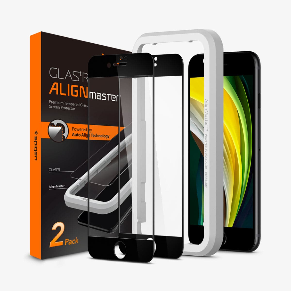 AGL01302 - iPhone 8 Alignmaster Full Cover Screen Protector in black showing the device, alignmaster tray, two screen protectors and packaging