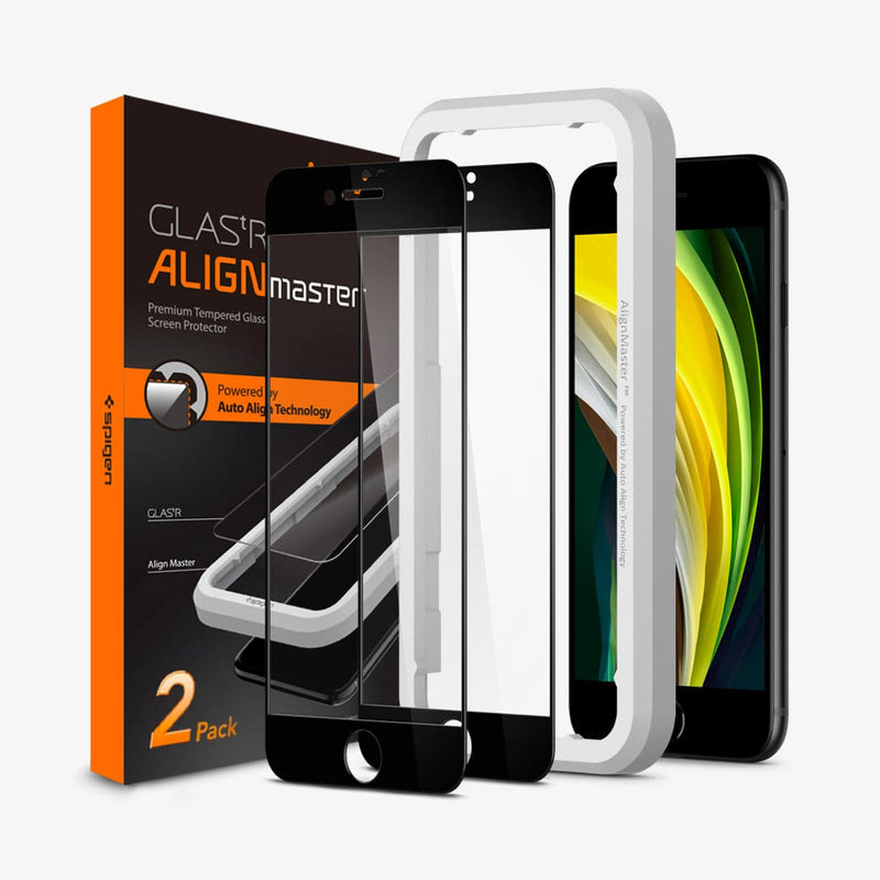 AGL01302 - iPhone 7 Alignmaster Full Cover Screen Protector in black showing the device, alignmaster tray, two screen protectors and packaging