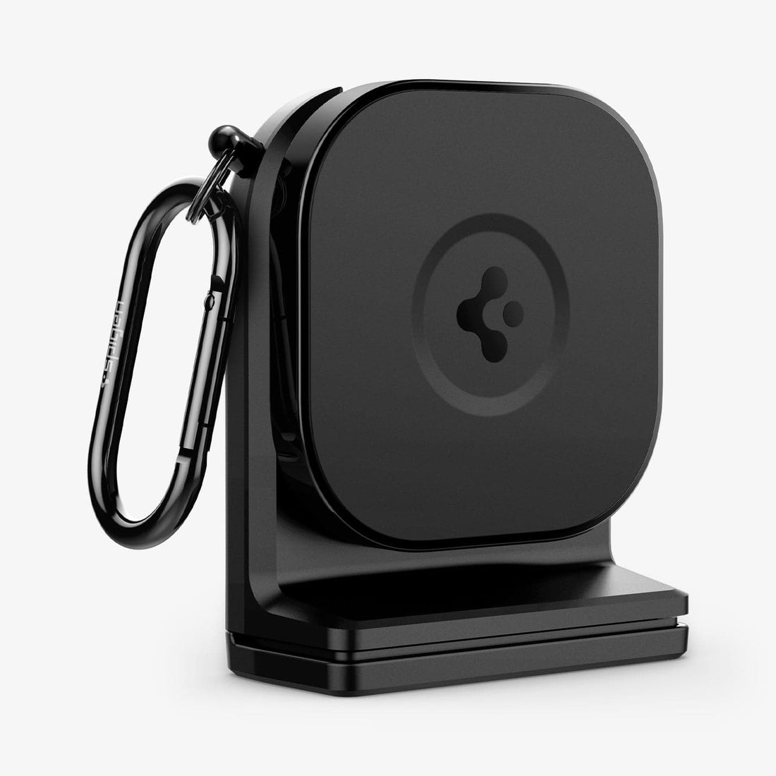 AMP05756 - In-flight Phone Mount (MagFit) in black showing the front, partial side and carabiner