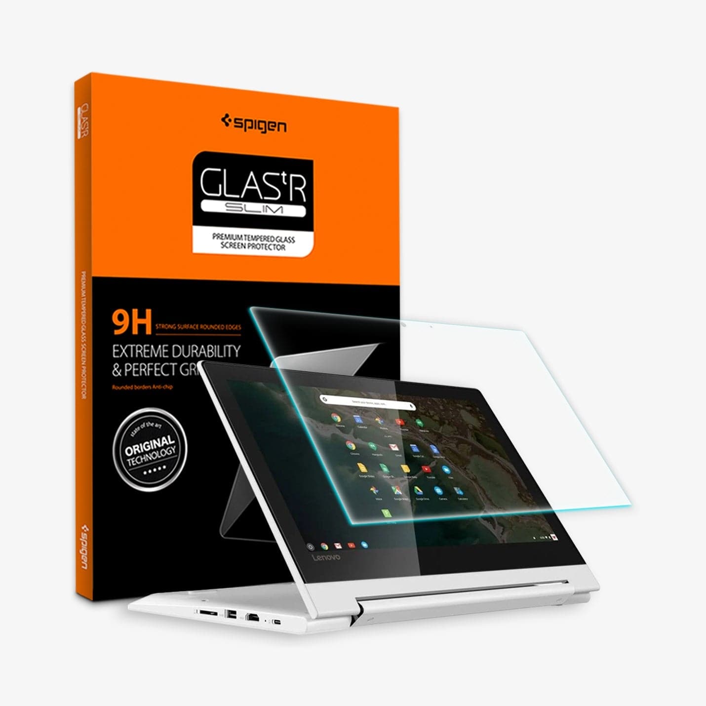 S33GL26037 - Lenovo Chromebook C330 Screen Protector Glas.tR SLIM showing the device, screen protector and packaging