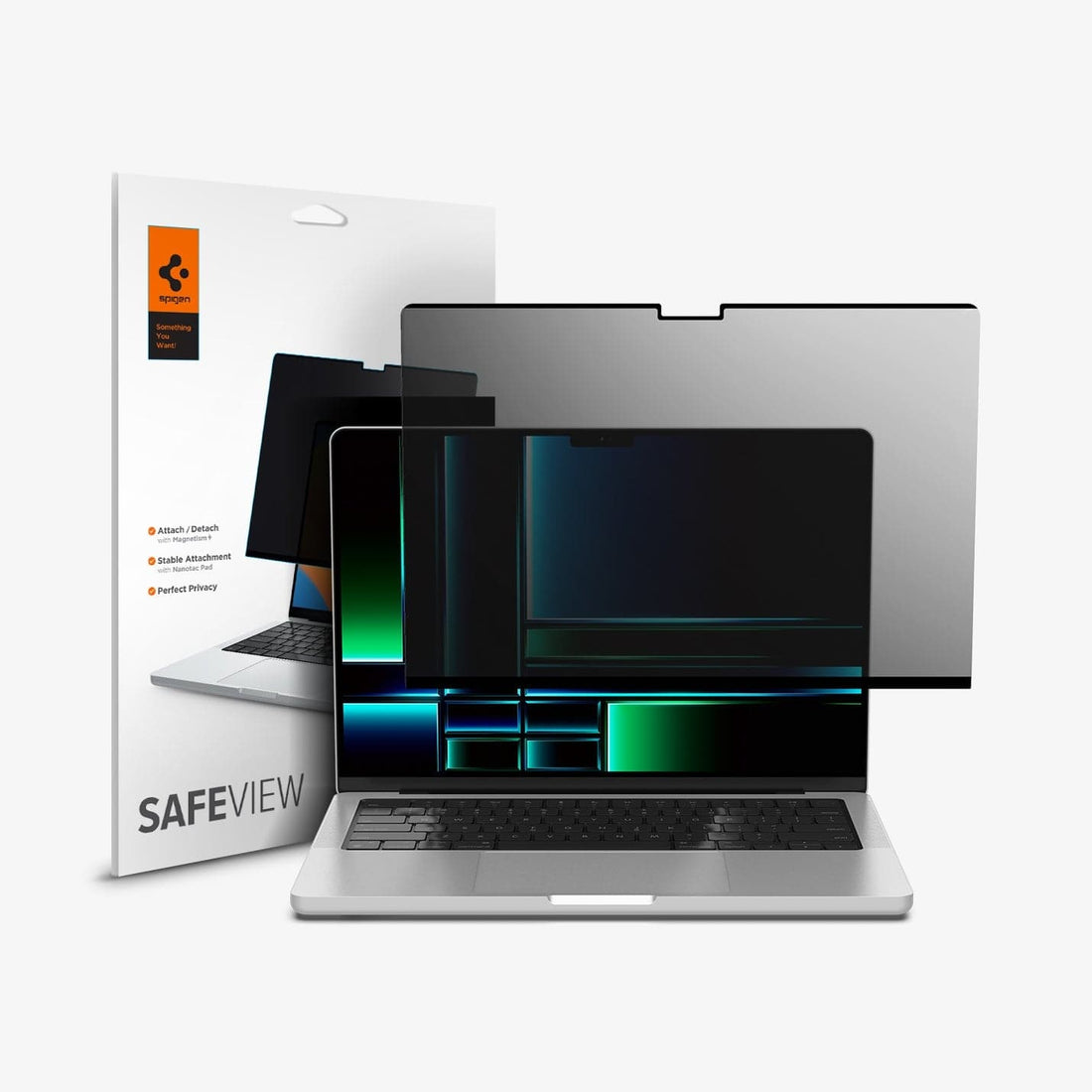 AFL06158 - Macbook Pro 14" Screen Protector Safe View showing the laptop, screen protector and packaging