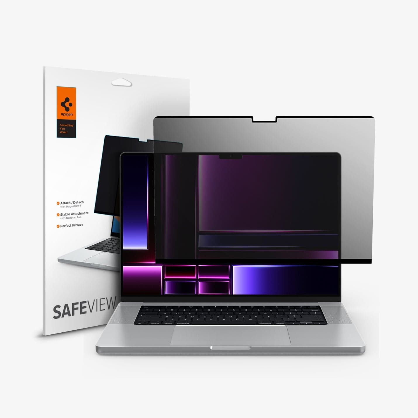 AFL06157 - Macbook Pro 16" Screen Protector Safe View showing the laptop, screen protector and packaging