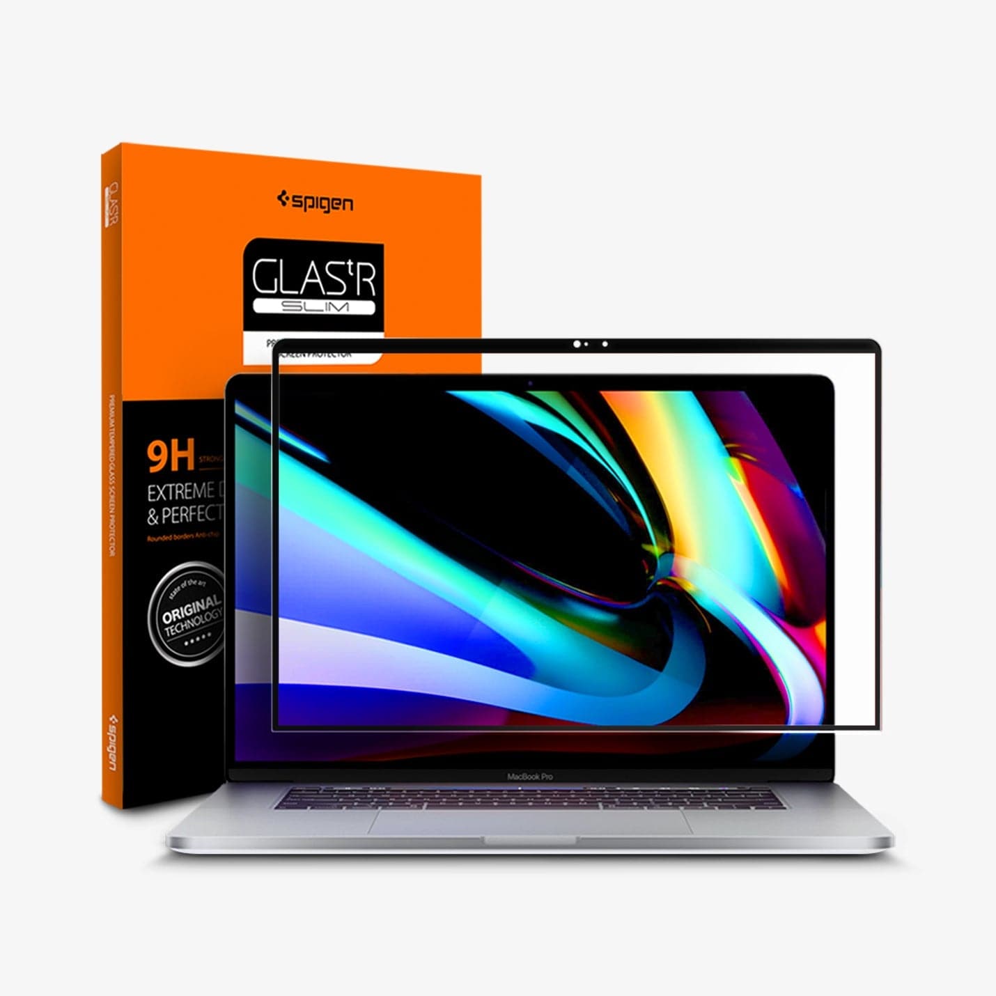 AGL00673 - MacBook Pro 16-inch (2020) GLAS.tR SLIM in Clear showing the front tempered glass hovering in front of device and the packaging