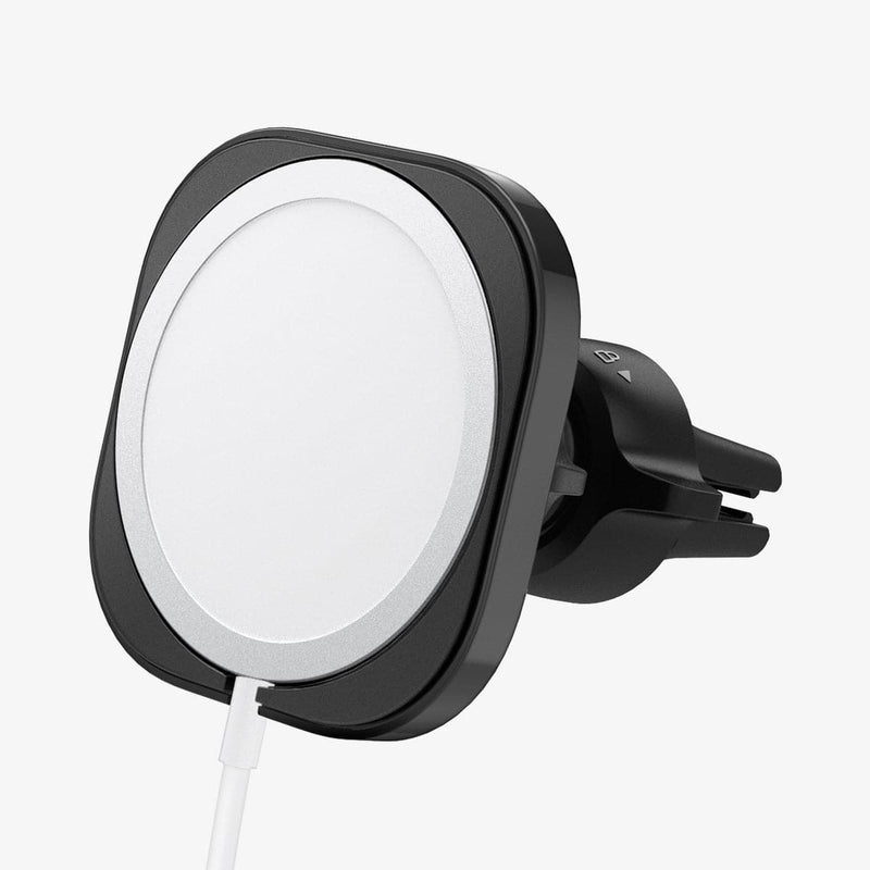 ACP02791 - MagFit Car Mount (MagFit) in black showing the front and side with magsafe charger inserted