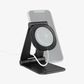 AMP02672 - MagFit Charger Stand (MagFit) in black showing the front and partial side with a silhouette of a phone on stand