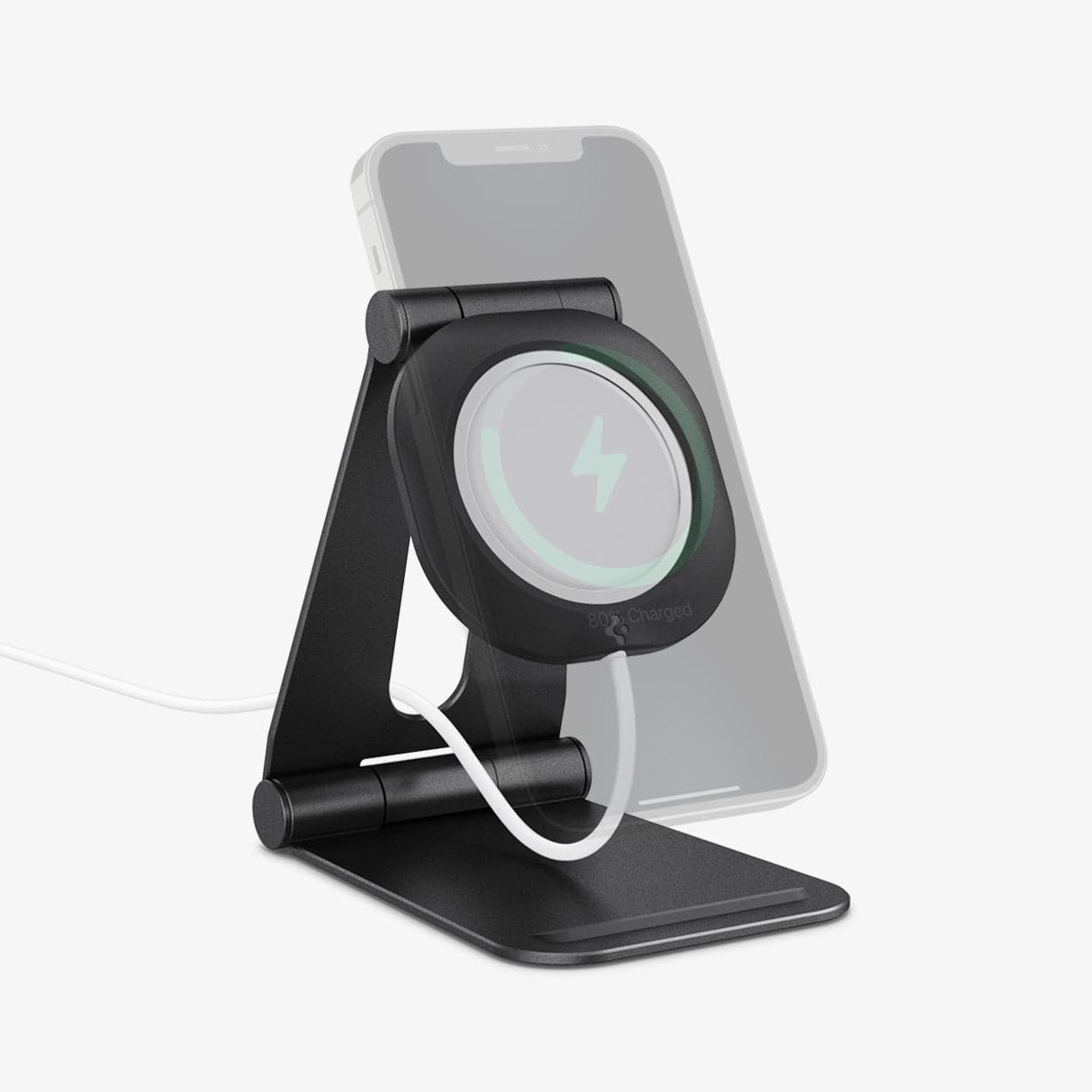 AMP02672 - MagFit Charger Stand (MagFit) in black showing the front and partial side with a silhouette of a phone on stand