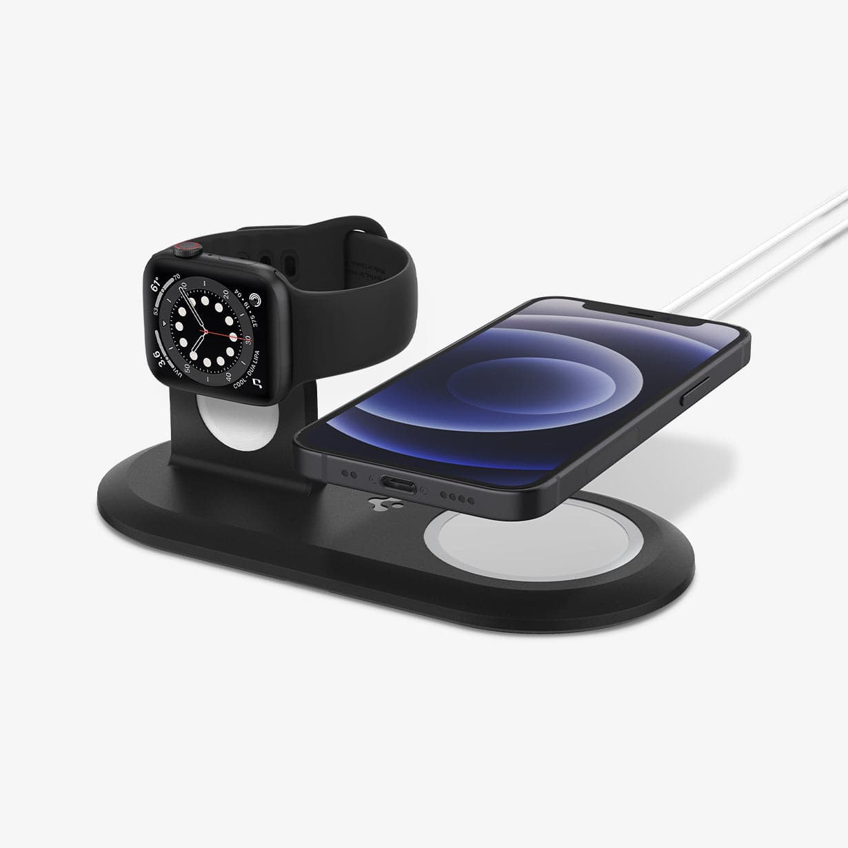 AMP02796 - Mag Fit Duo in black showing the front with Apple Watch and iPhone hovering above charger