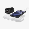 AMP02797 - Mag Fit Duo in white showing the front with Apple Watch and iPhone hovering above charger