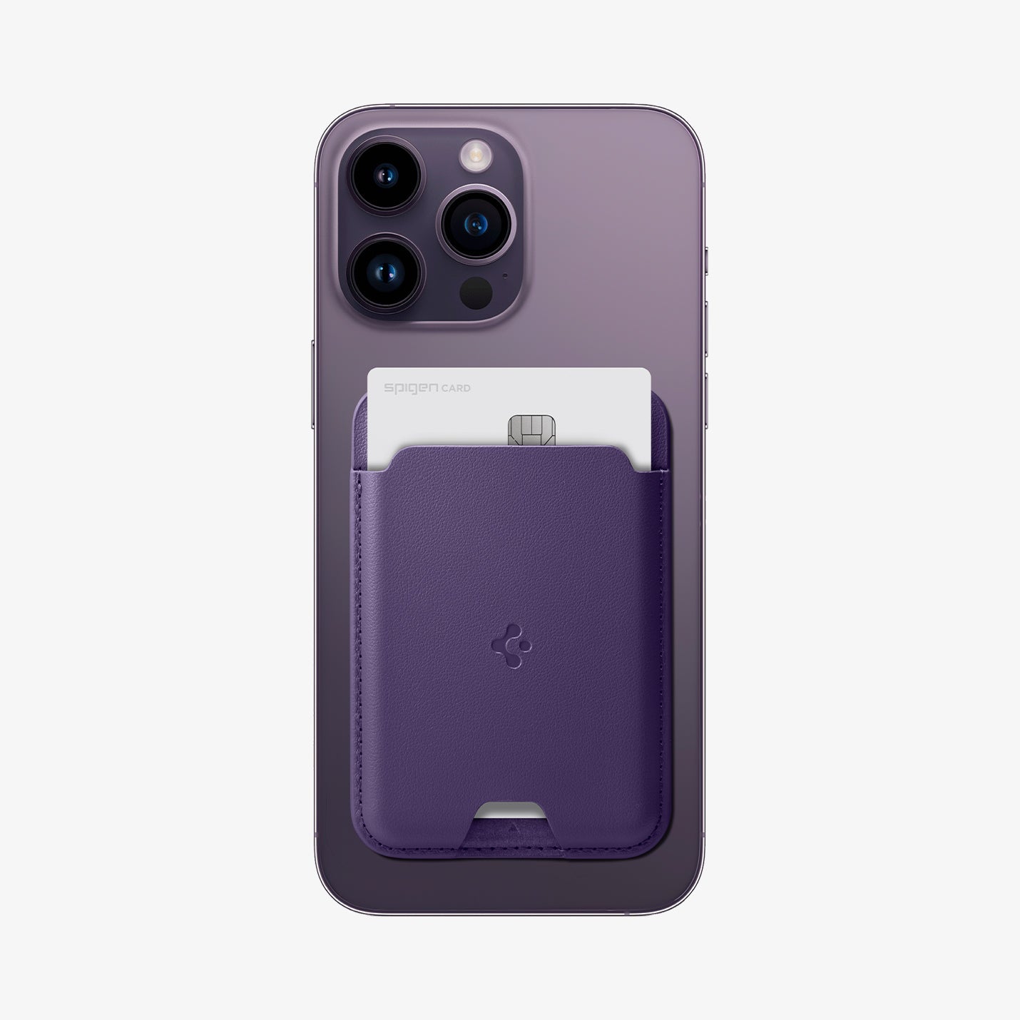 AFA06267 - MagSafe Card Holder Valentinus (MagFit) in purple showing the card holder attached to back of device with card in slot