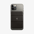 AMP02766 - MagSafe Card Holder Smart Fold Wallet (MagFit) in gunmetal showing the wallet attached to back of device
