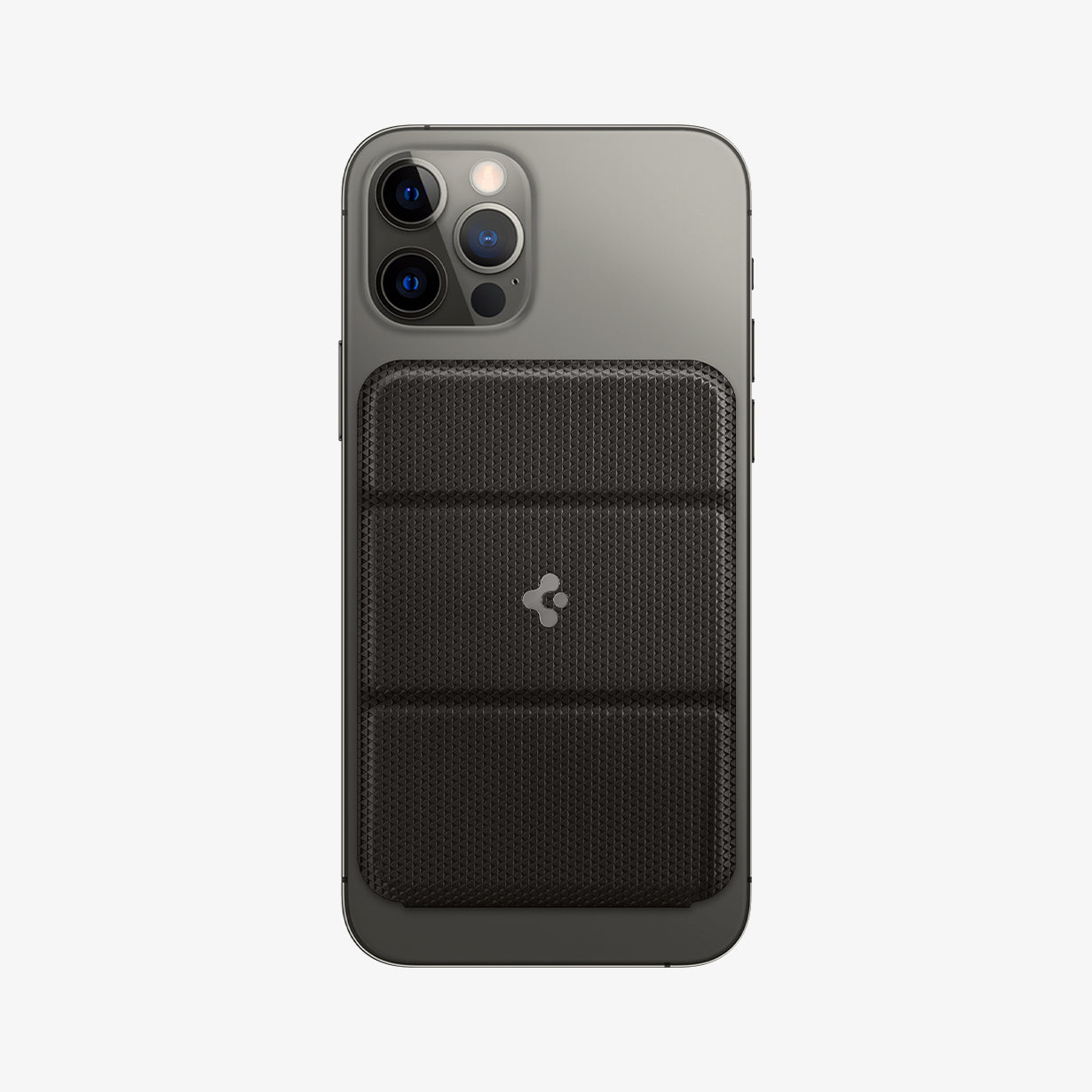 AMP02766 - MagSafe Card Holder Smart Fold Wallet (MagFit) in gunmetal showing the wallet attached to back of device