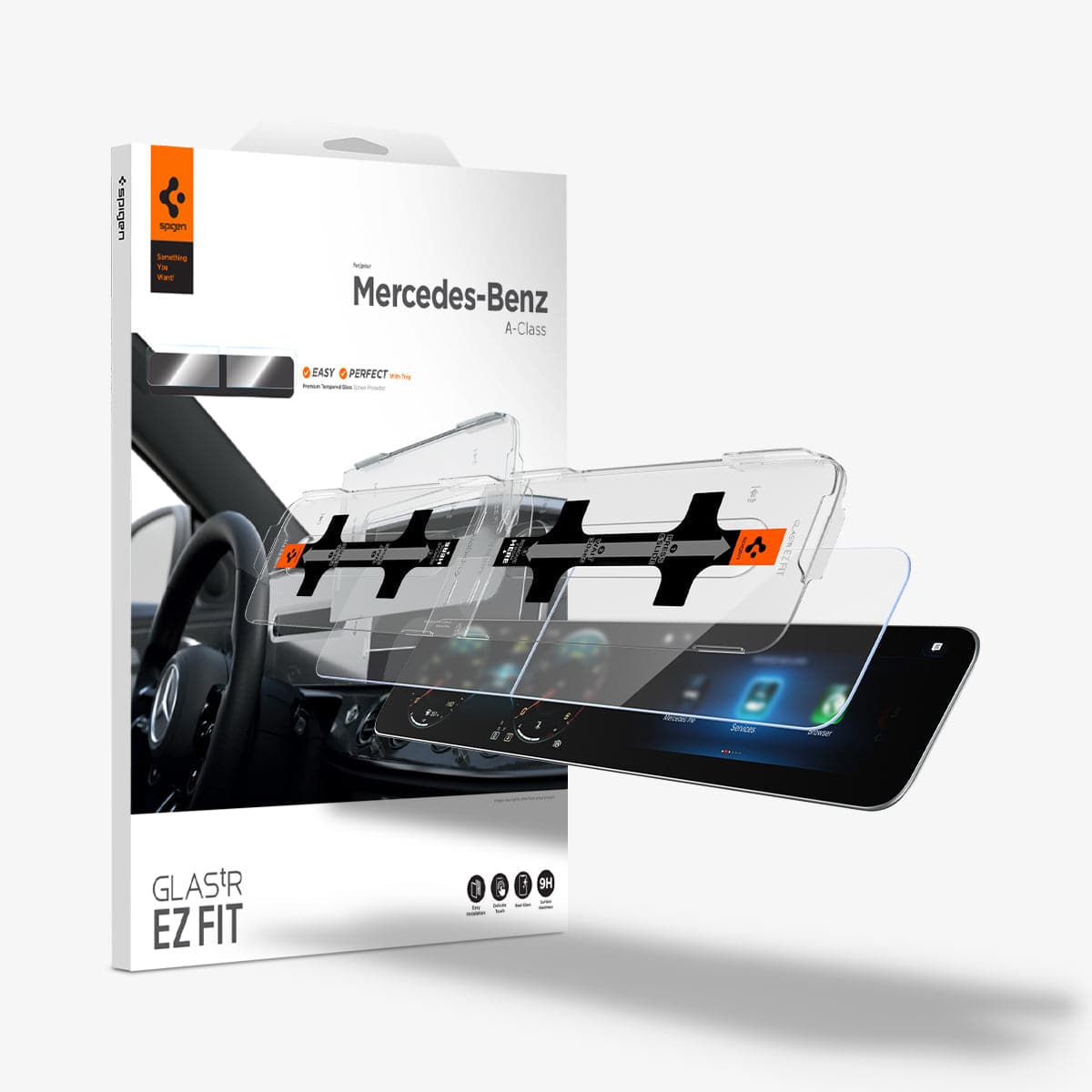 AGL03630 - Mercedes A-Class Screen Protector EZ FIT GLAS.tR Anti-Glare showing the touch screen display, screen protector, ez fit tray and packaging