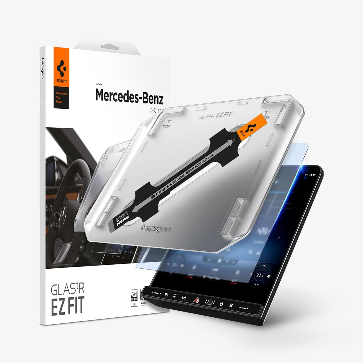 AGL04366 - Mercedes C-Class Screen Protector EZ FIT GLAS.tR Anti-Glare showing the touch screen display, screen protector, ez fit tray and packaging