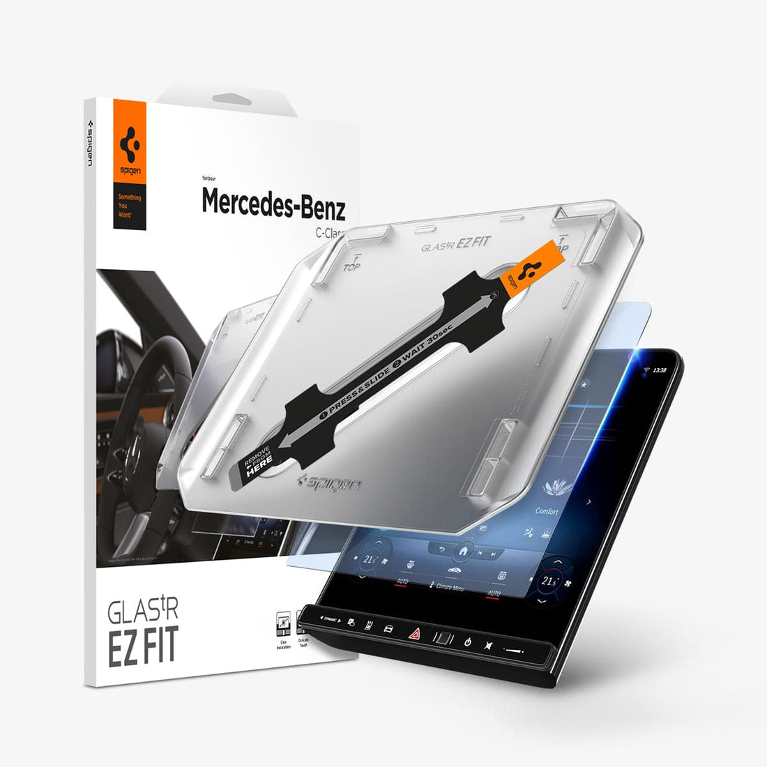 AGL04365 - Mercedes C-Class Screen Protector EZ FIT GLAS.tR showing the touch screen display, screen protector, ez fit tray and packaging