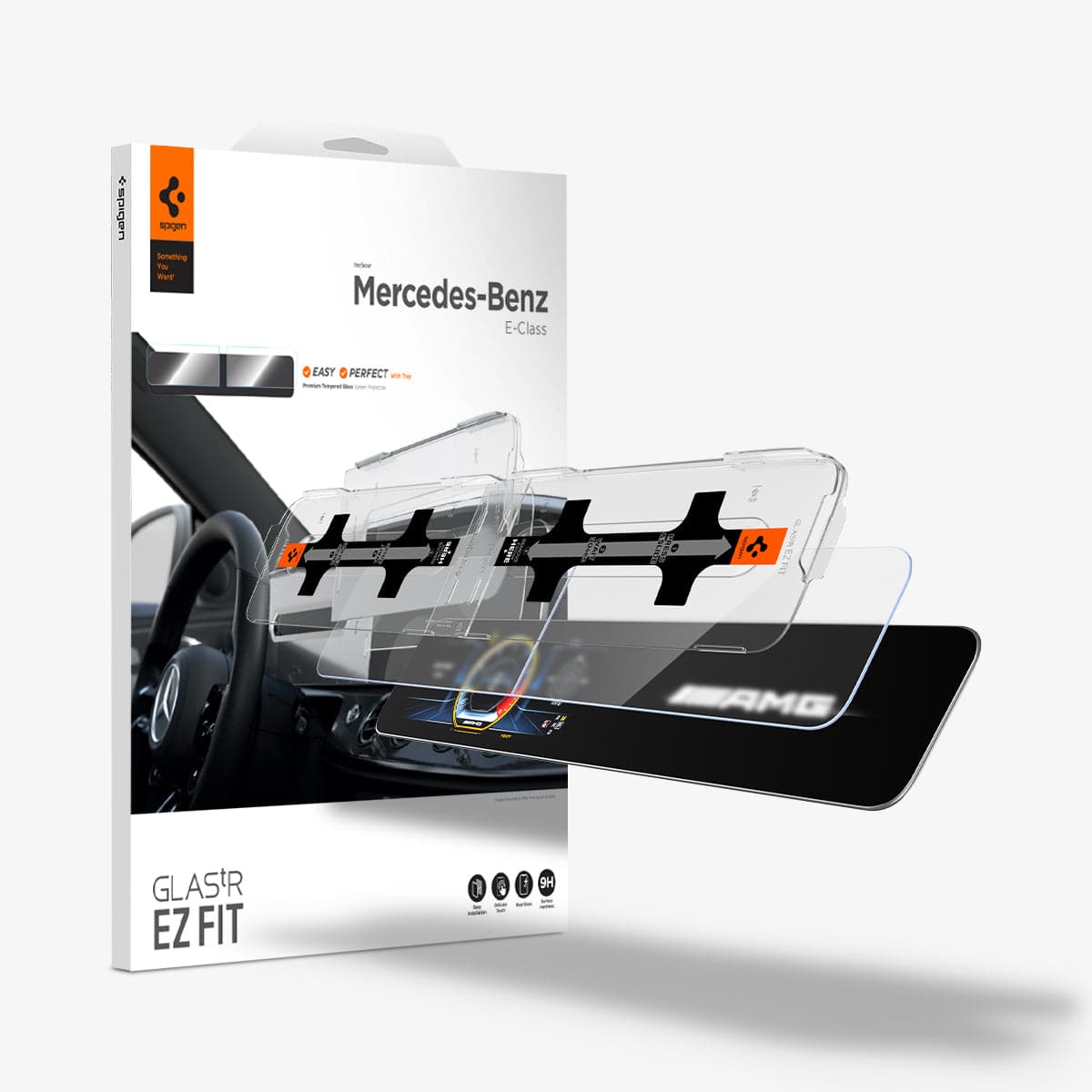 AGL03149 - Mercedes E-Class Screen Protector EZ FIT GLAS.tR Anti-Glare showing the touch screen display, screen protector, ez fit tray and packaging