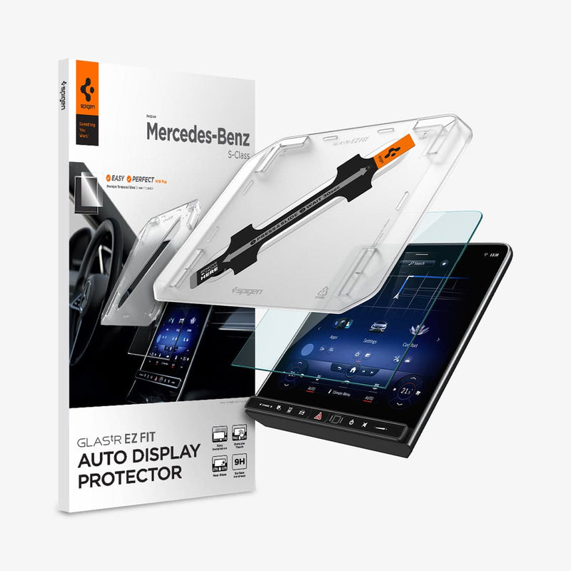 AGL03147 - Mercedes S-Class Screen Protector EZ FIT GLAS.tR Anti-Glare showing the touch screen display, screen protector, ez fit tray and packaging