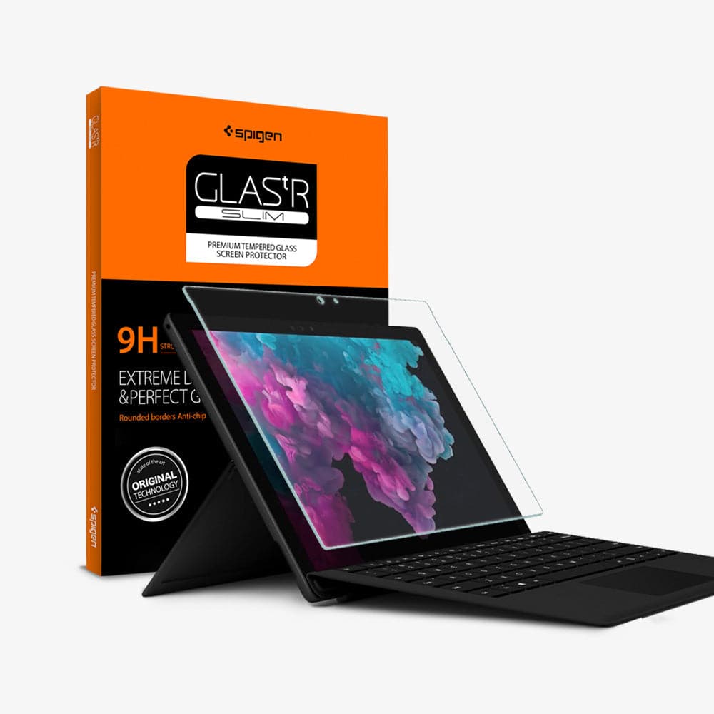 J03GL25626 - Microsoft Surface 6 Screen Protector GLAS.tR SLIM showing the device, screen protector and packaging