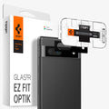 AGL05970 - Pixel 7a Glas.tR EZFit Optik Lens Protector in black showing the device, optik lens protectors, ez fit tray and packaging