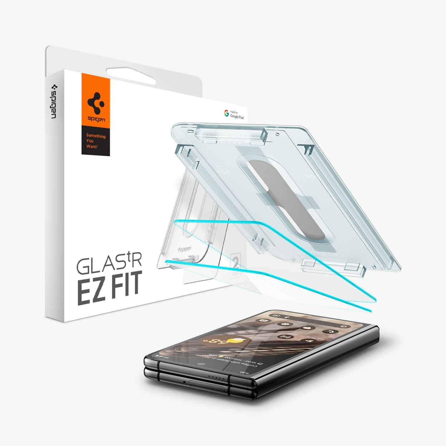 AGL06200 - Pixel Fold Series GLAS.tR EZ Fit Screen Protector showing the device, two screen protectors, ez fit tray and packaging