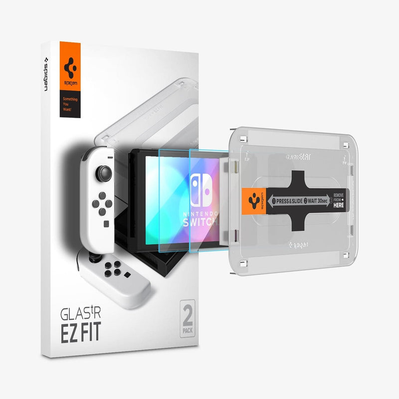 AGL03829 - Nintendo Switch OLED Screen Protector EZ Fit GLAS.tR showing the device, two screen protectors, ez fit tray and packaging