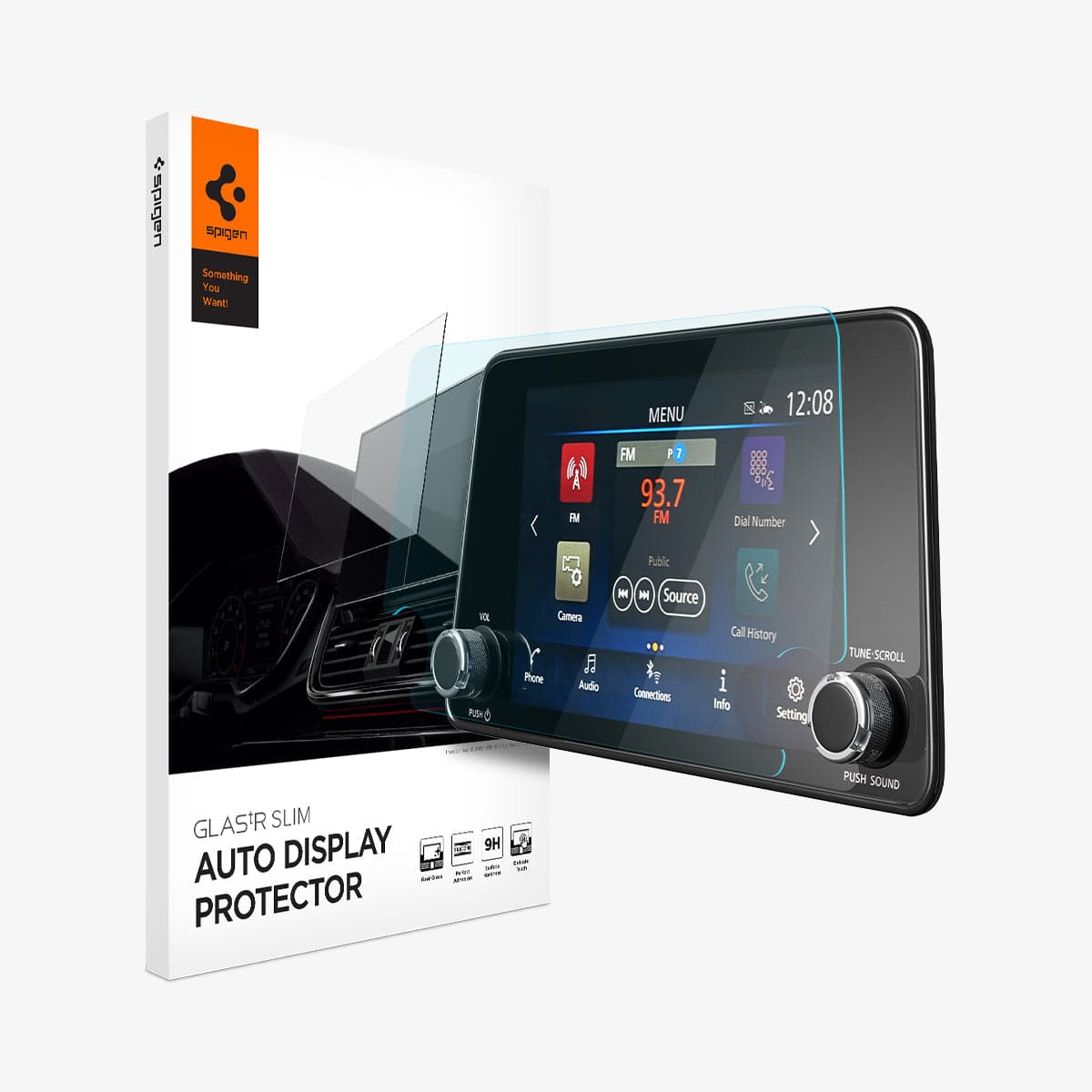 AGL04127 - Nissan 8" Screen Protector GLAS.tR SLIM Anti-Glare showing the touch screen display, screen protector and packaging