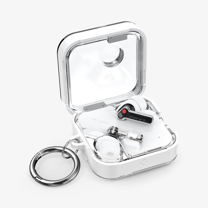 ACS06434 - Nothing Ear (2) Case Ultra Hybrid in jet white showing the front and inside with carabiner