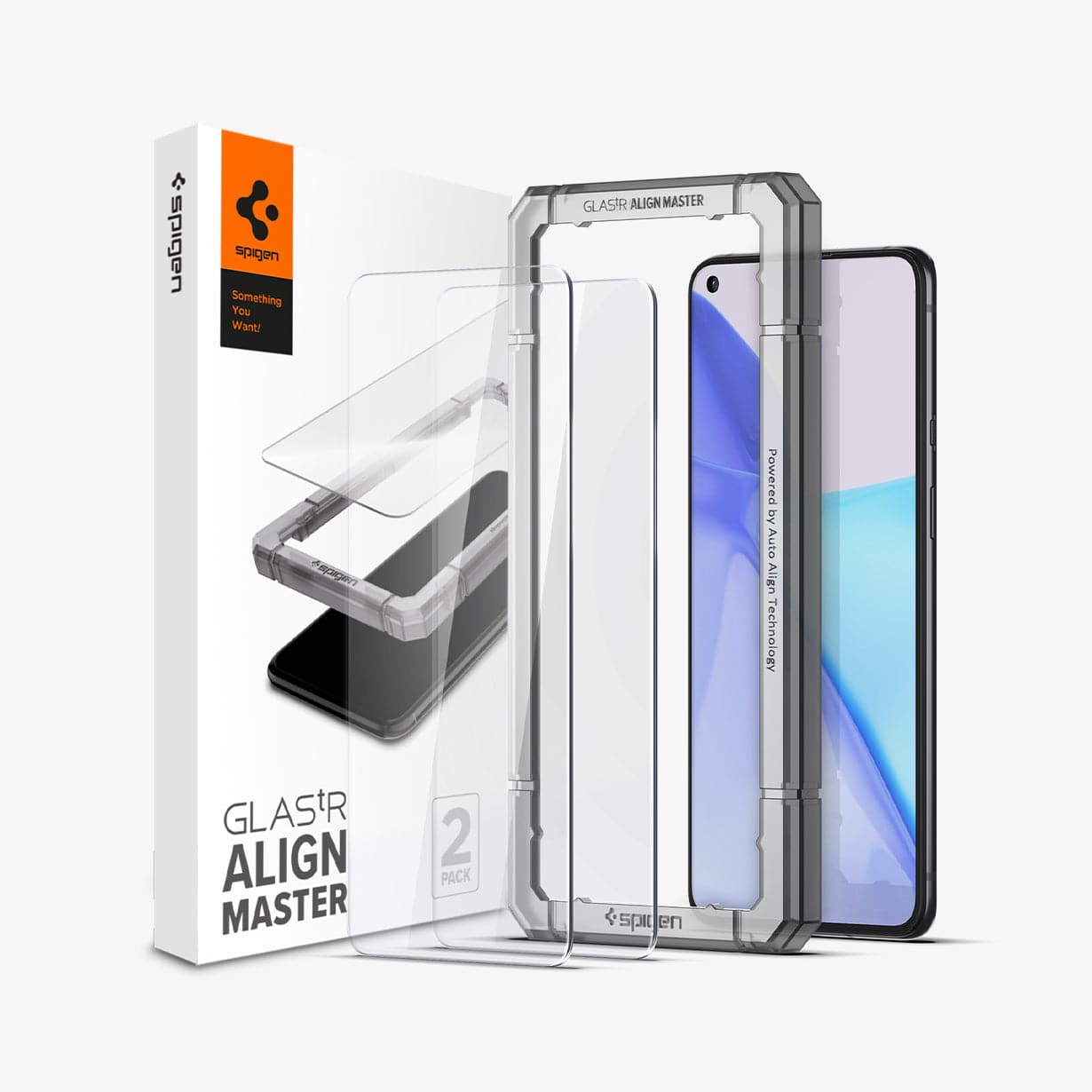 AGL02895 - OnePlus 9 Alignmaster Full Cover Screen Protector showing the device, alignmaster tray, two screen protectors and packaging