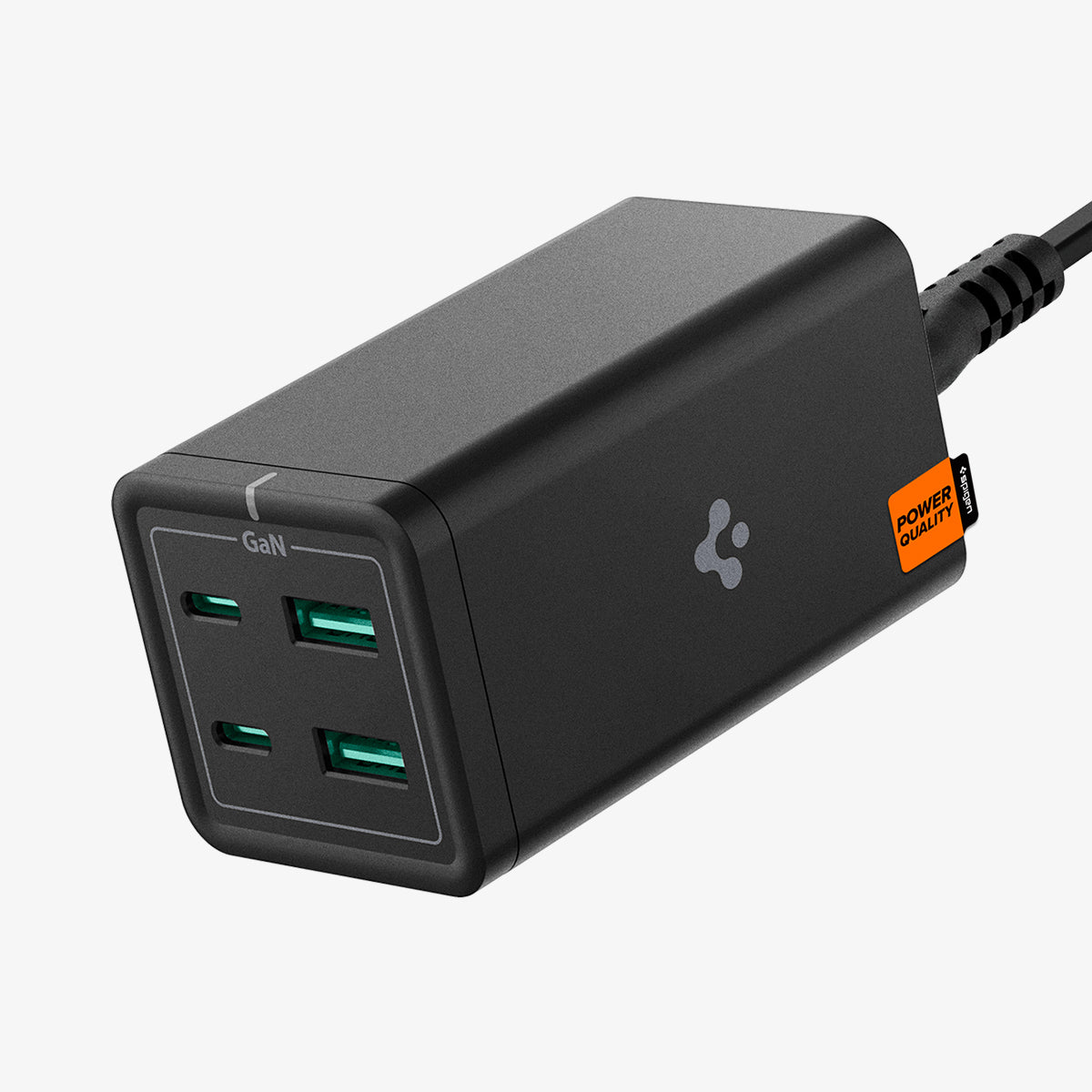 ACH03786 - Spigen ArcDock 120W Desktop Charger PD2100 in black showing the front, side and top