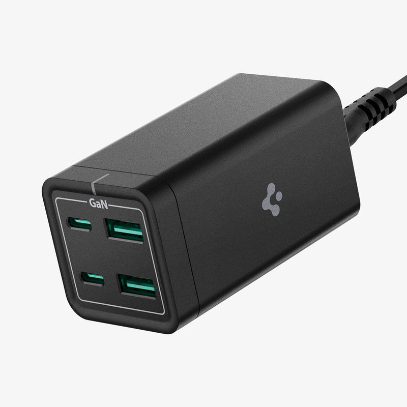 ACH03787 - Spigen ArcDock 65W Desktop Charger PD2101 in black showing the front, side and top