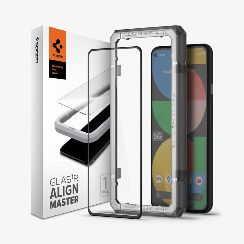 AGL03865 - Pixel 5a 5G Screen Protector AlignMaster GLAS.tR Full Cover in black showing the packaging, screen protector, alignmaster tray and pixel 5a device