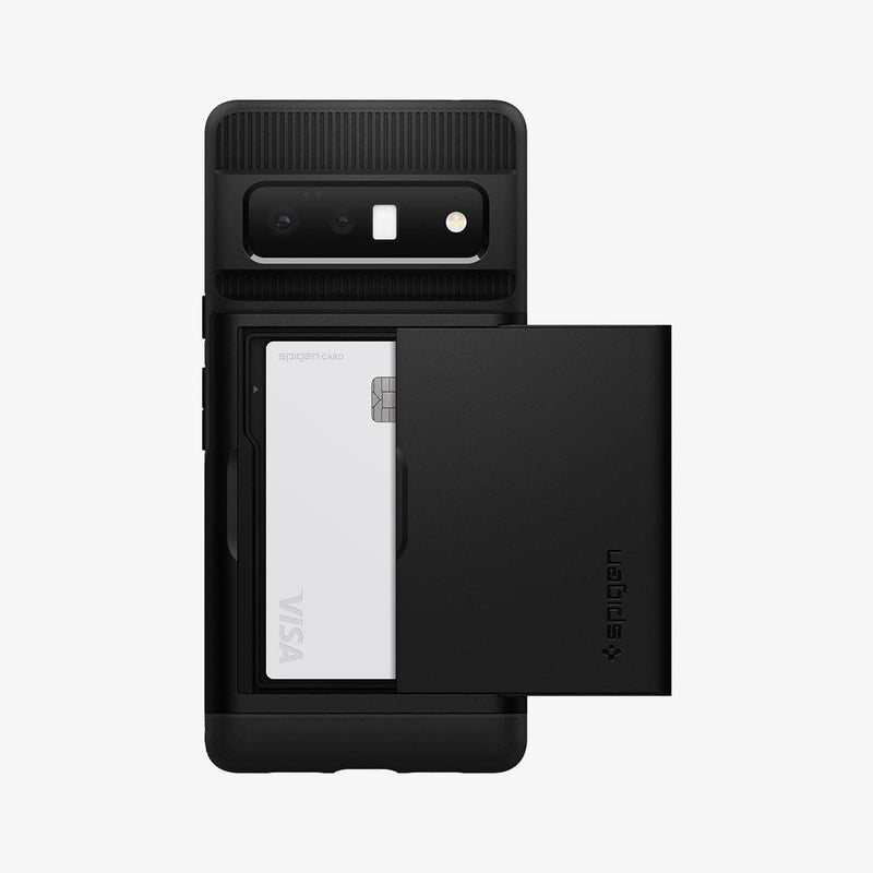 ACS03459 - Pixel 6 Pro Case Slim Armor CS in black showing the back with card slot open and card inside