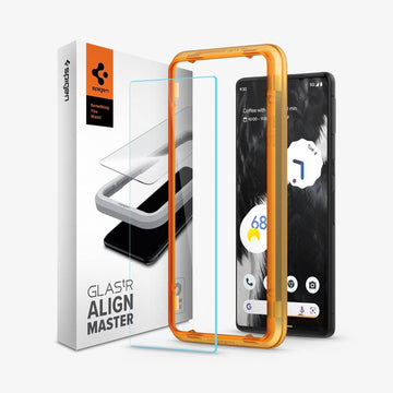 AGL05199 - Pixel 7 Screen Protector AlignMaster GLAS.tR showing the device, alignmaster tray, two screen protectors and packaging