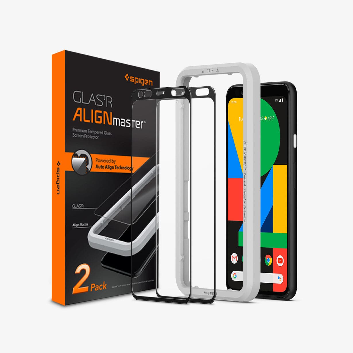 AGL00481 - Pixel 4 Series Alignmaster Full Cover Screen Protector showing the device, alignment tray, two screen protectors and packaging