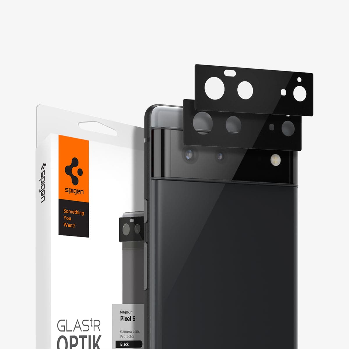 AGL04197 - Pixel 6 Optik Lens Protector in black showing the device, two optik lens protectors and packaging