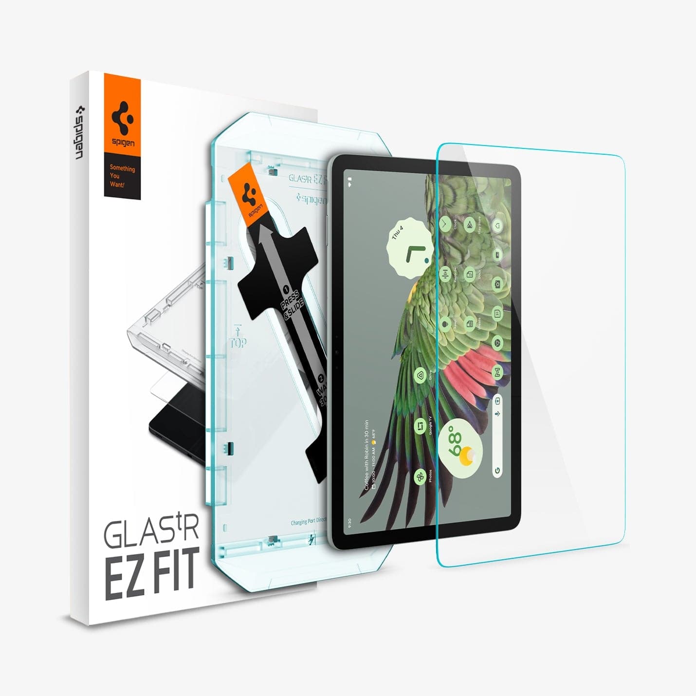 AGL06855 - Pixel Tablet Screen Protector EZ FIT GLAS.tR showing the device, screen protector, ez fit tray and packaging