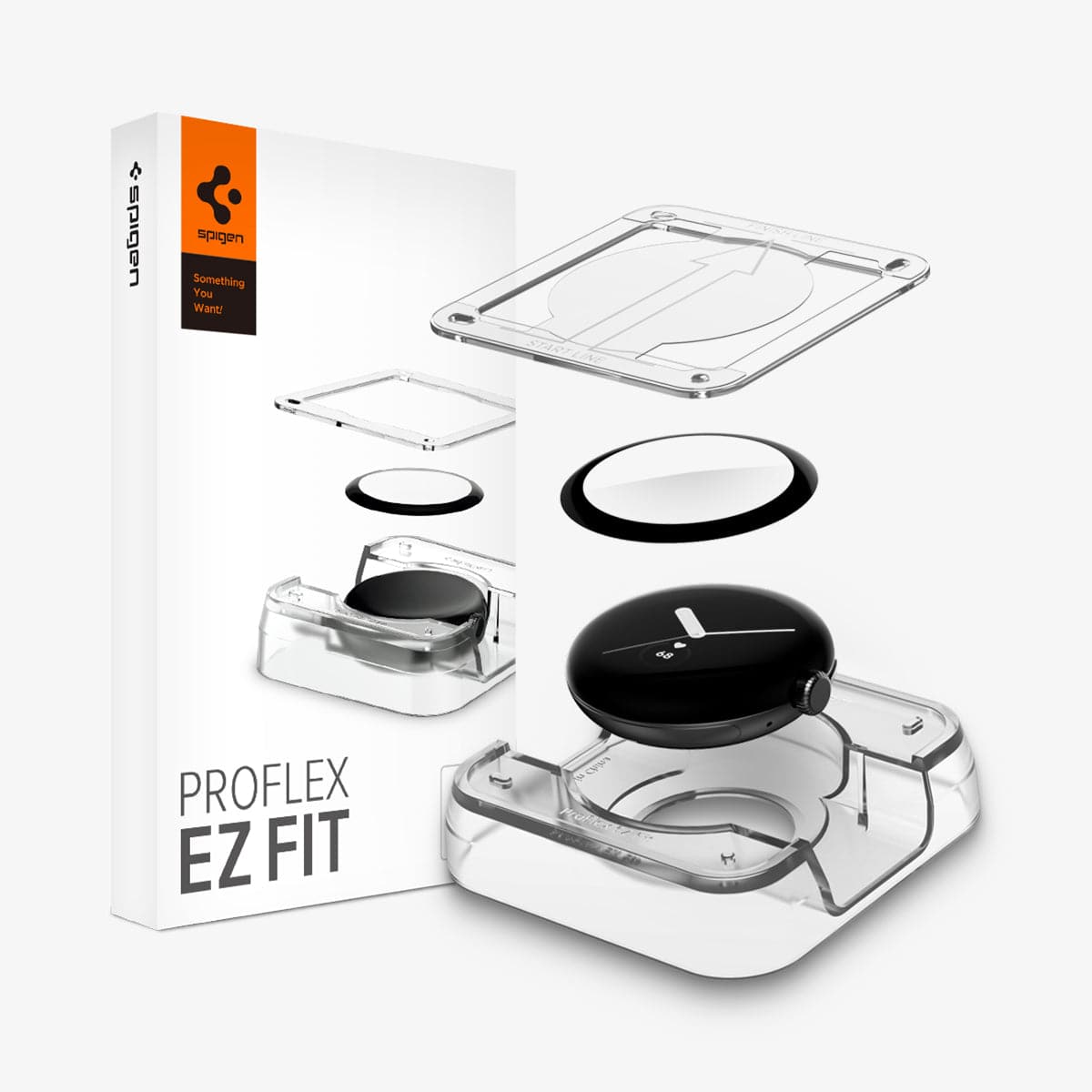 AFL05926 - Pixel Watch Screen Protector ProFlex EZ Fit showing the watch face, screen protector, ez fit tray and packaging