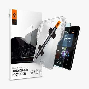 AGL04578 - Polestar 2 Screen Protector EZ FIT GLAS.tR Anti-Glare showing the touch screen display, screen protector, ez fit tray and packaging