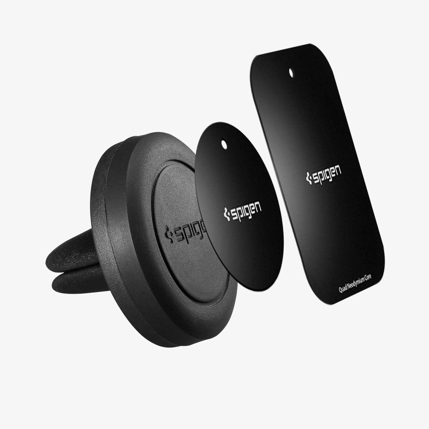 SGP11583 - Spigen Kuel Q11 Magnetic Air Vent Car Mount showing the front and side, circle magnet and rectangle magnet