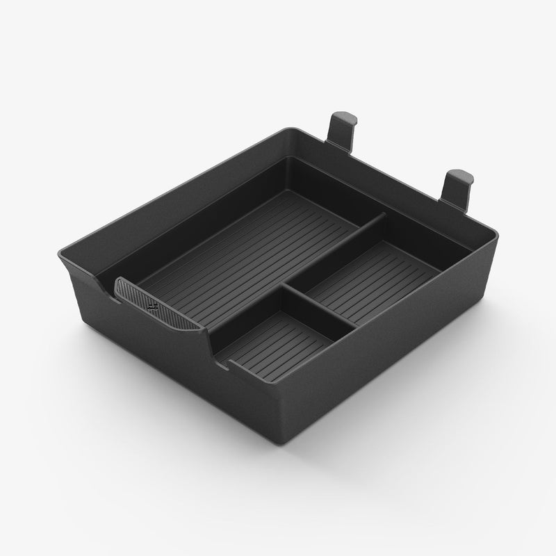 ACP06439 - Rivian Center Console Organizer Tray in black showing the front, side and inside
