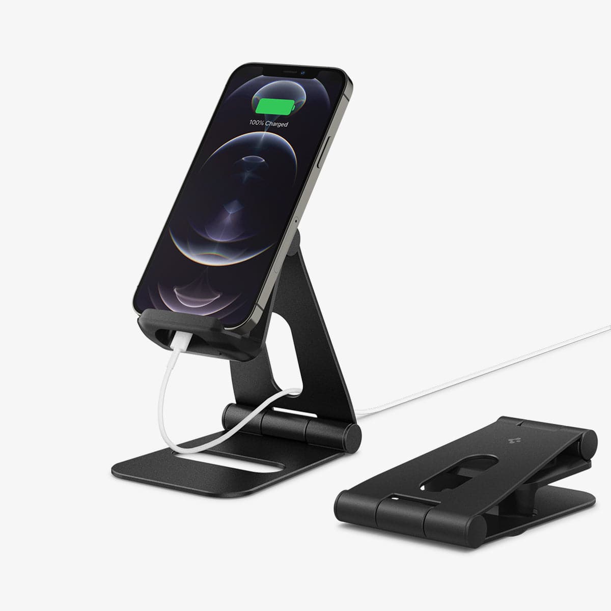 AMP02780 - S311 Charger Stand in black showing the front and back with device charging on stand