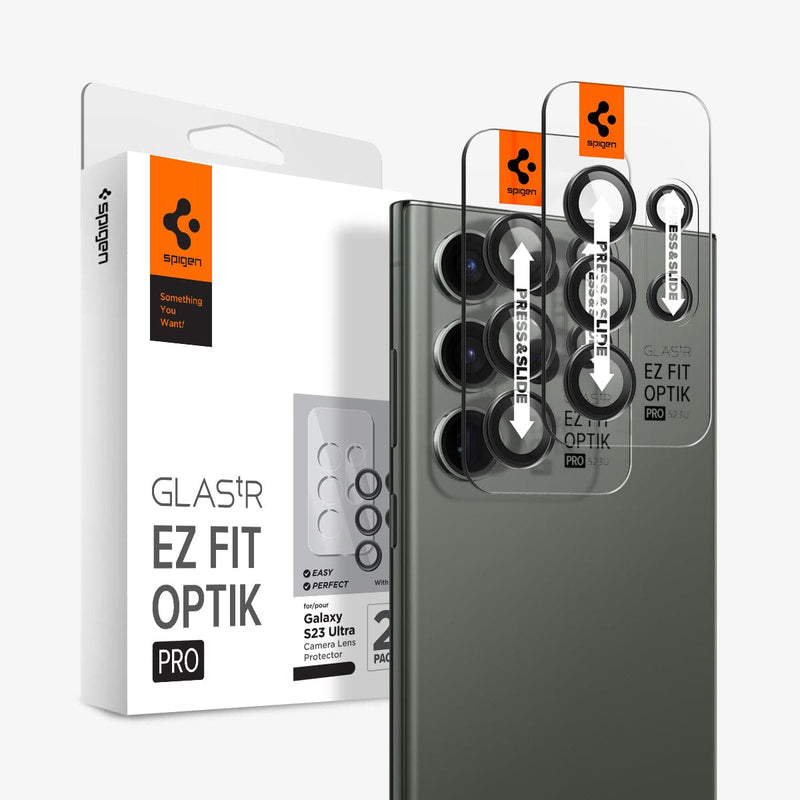 AGL05950 - Galaxy S23 Ultra EZ Fit Optik Pro Lens Protector in black showing the device, two ez fit trays and packaging.