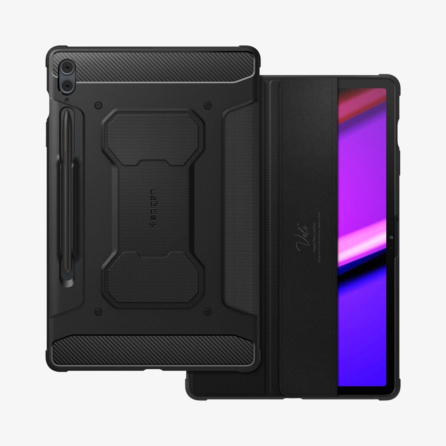 ACS06856 - Galaxy Tab S9 FE+ Case Rugged Armor Pro in black showing the back and front with cover flap slightly open