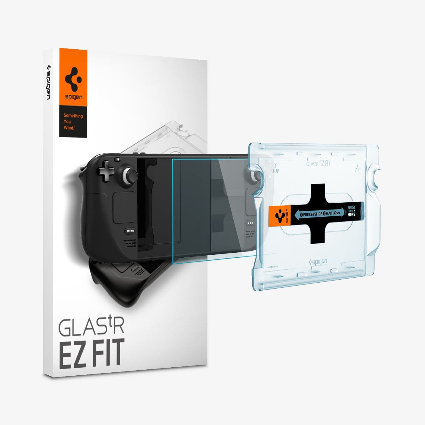 AGL05600 - Steam Deck Screen Protector EZ FIT GLAS.tR showing the device, screen protector, ez fit tray and packaging
