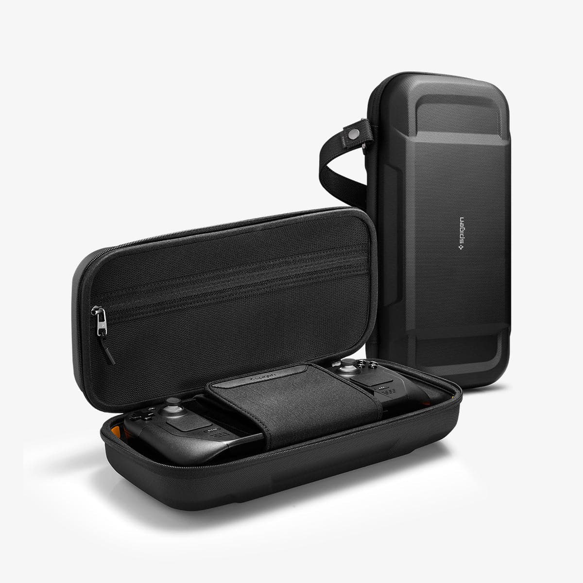 AFA03731 - Steam Deck Rugged Armor Pro Pouch in black showing the front and inside with steamdeck inside