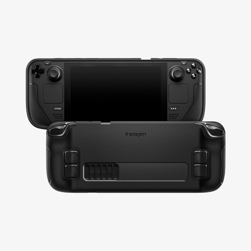 ACS03730 - Steam Deck Case Rugged Armor in matte black showing the back and front