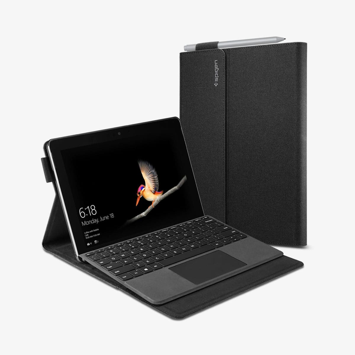 J06CS25184 - Surface Go 3 Case Stand Folio in black showing the front and device propped up by built in stand