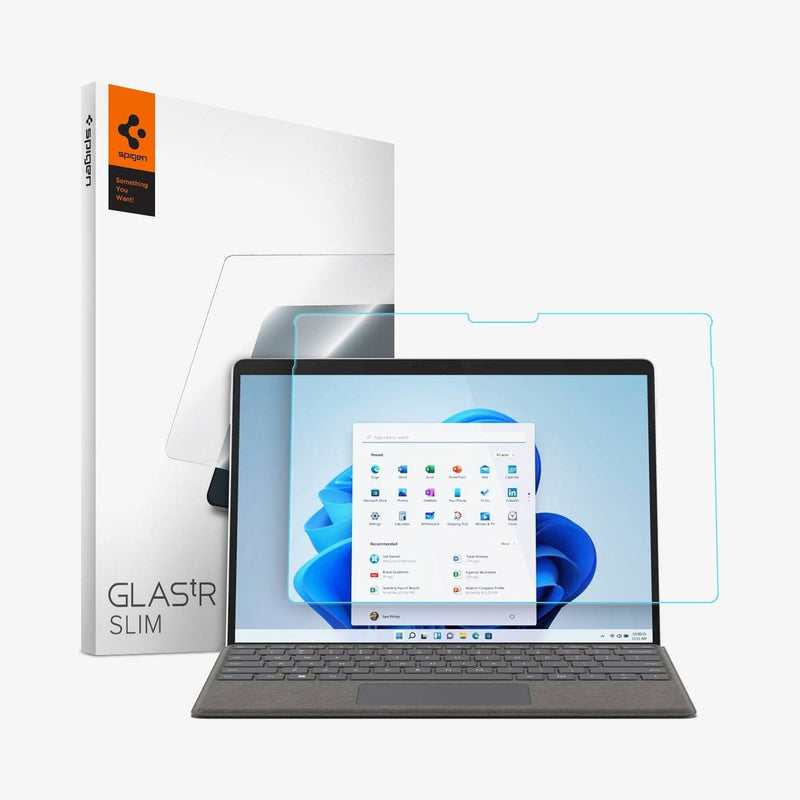 AGL00699 - Microsoft Surface X Screen Protector GLAS.tR SLIM showing the device, screen protector and packaging