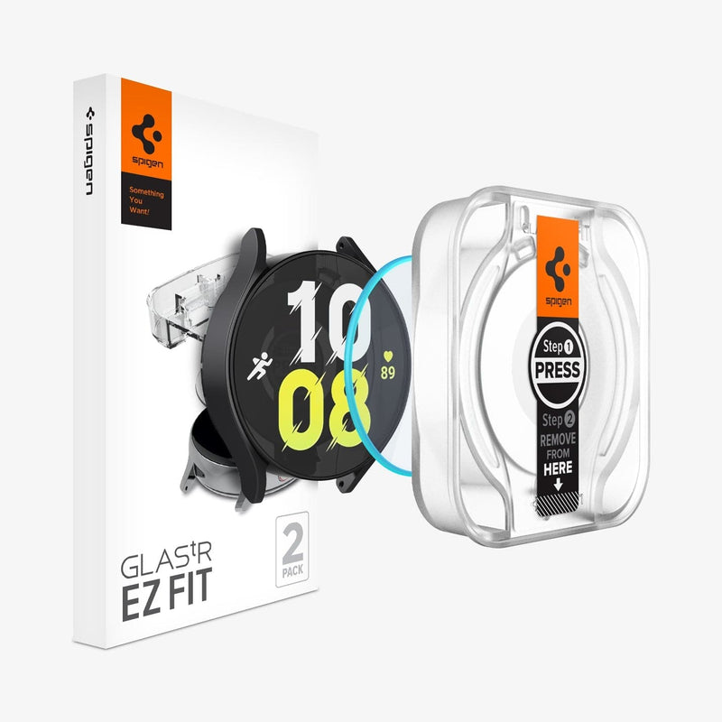 AGL06520 - Galaxy Watch 6 (44mm) Screen Protector EZ FIT GLAS.tR showing the watch face, screen protector, ez fit tray and packaging