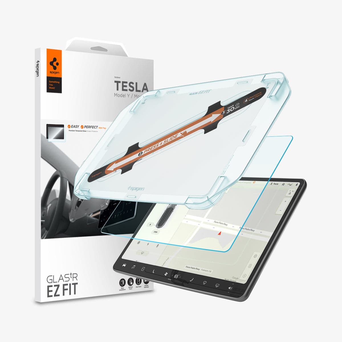 AGL02193 - Tesla Model 3 / Y Screen Protector EZ FIT GLAS.tR showing the packaging, EZ fit tray, screen protector, Tesla screen